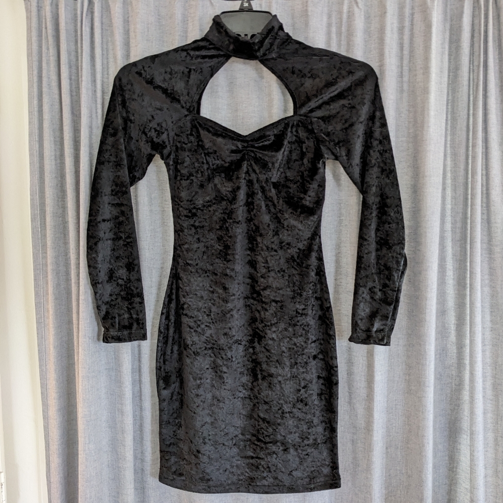 VTG Crushed Velvet Bodycon Dress S Black Cutout Vamp Whimsigoth Dark Fairy Witch